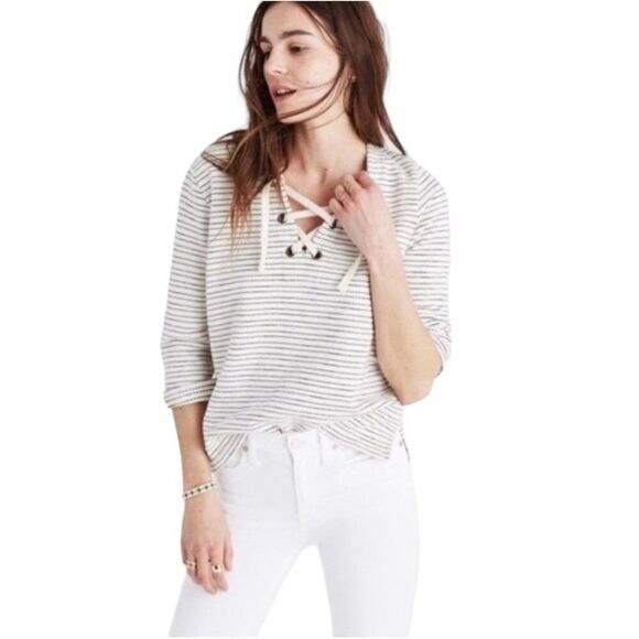 Madewell Sweaters - Madewell Nautical Lace Up Striped Popover Sweater Blue & White Ladies Xtra Small
